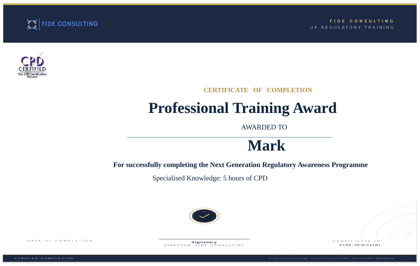 Sample certificate of completion — Next Generation Regulatory Awareness Programme
